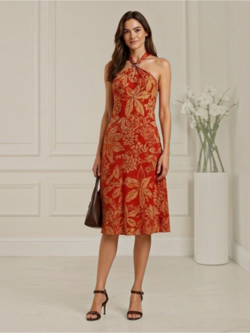 Ralph Lauren Georgette Halter Dress in Red Floral Size 8